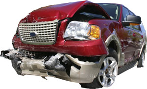 crushed red ford SUV